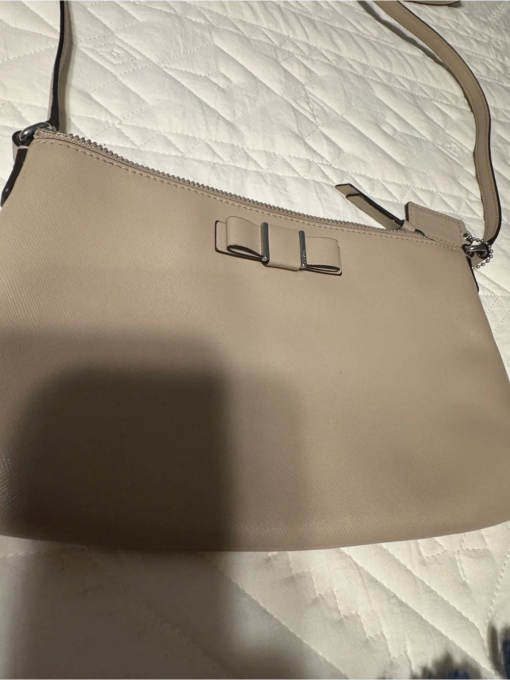 kate spade Taupe Leather Crossbody Bag with Bow Accent